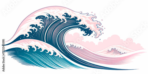 Elegant wave illustration with flowing lines and pastel tones, combining Japanese ukiyo-e style with a contemporary color palette.

