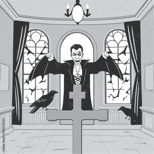 A vampire staring through cracked windows in a phantom-filled ballroom surrounded by raven perched on a cross.