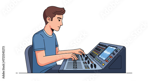 Illustration of a young sound engineer at work using a mixing console for audio engineering in a studio