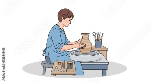 Crafting clay forms: Focused pottery artisan shaping a vase with care on the spinning wheel at the workshop studio, showcasing artistic expression
