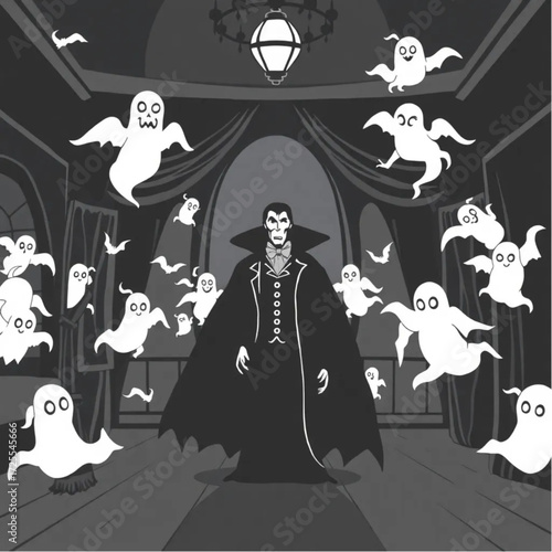 A vampire lurking in the shadows in a phantom-filled ballroom surrounded by enchanted broomstick.