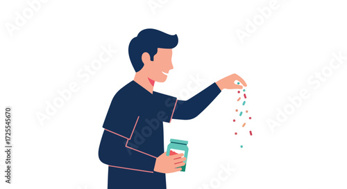 Man taking medication from a bottle in a minimalist flat design style highlighting health management and wellness solutions for modern living