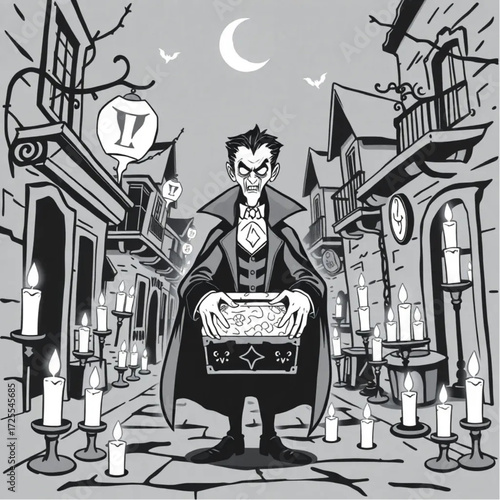 A vampire guarding a hidden treasure in a ghost town street surrounded by floating candles.
