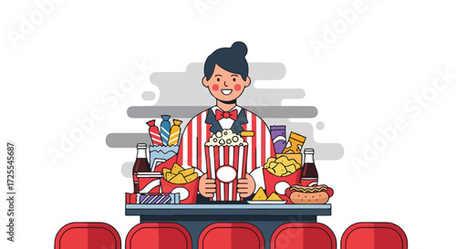 Concession stand attendant serving snacks in a movie theater with popcorn chips and other treats