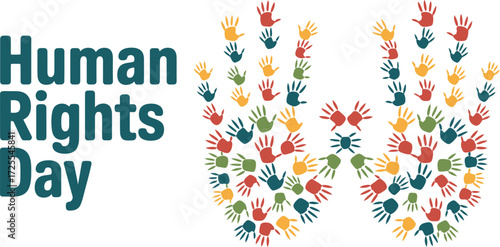 Diverse hands united in colorful celebration of human rights and equality
