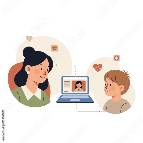 Illustrative image depicting a young boy and a woman engaged in a video call, symbolizing remote connection and communication