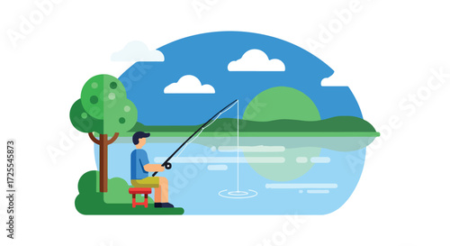 Tranquil Lakeside Fishing Scene: A Serene Flat Vector Illustration of Recreation and Nature Harmony