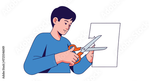 Animated man cuts white paper with scissors in a craft project demonstrating creative cutting and handiwork skill on isolated background