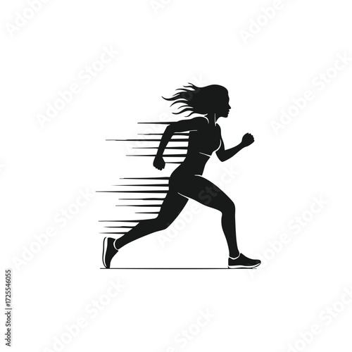 Dynamic silhouette of a female runner in motion, showcasing speed and athleticism with flowing hair and movement lines.