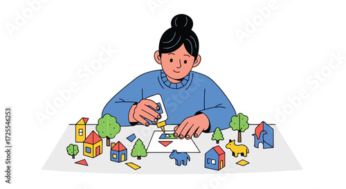 Girl engrossed in creative crafting, constructing miniature paper world with glue and colorful cutouts displaying artistic expression and