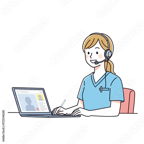 Friendly nurse wearing scrubs and a headset conducting a virtual patient consultation on a laptop, illustrating the concept of telemedicine and online healthcare support