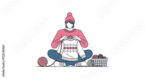 Illustrated woman knitting cozy winter sweater with festive pattern in a minimalist style illustration isolated on white background