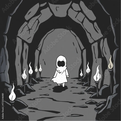 A spectral child wandering aimlessly in a ancient crypt surrounded by flickering torches.
