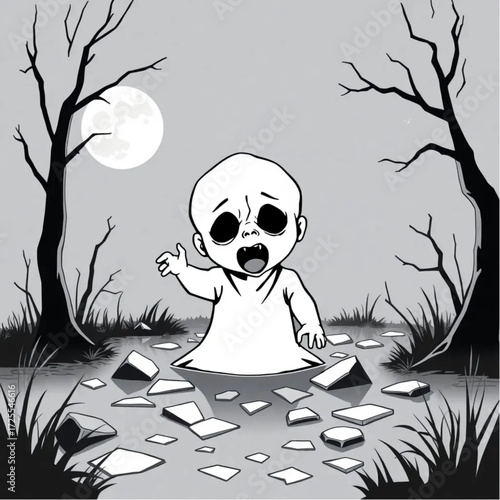 A spectral child screaming silently in a moonlit swamp surrounded by broken mirror.