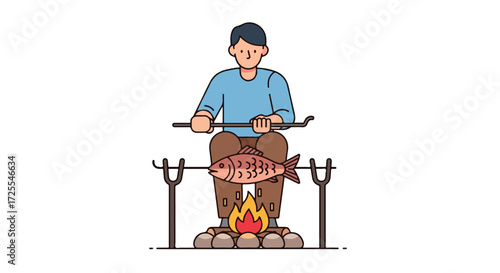 Campfire Cuisine: A cartoon illustration of a person roasting a fish over an open flame creating a rustic and inviting atmosphere conveying leisure