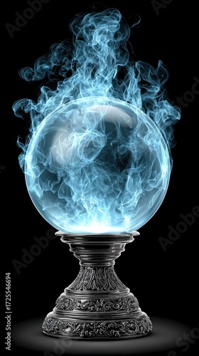 A glowing crystal ball sits atop an ornate stand, surrounded by swirling blue flames creating an enchanting atmosphere