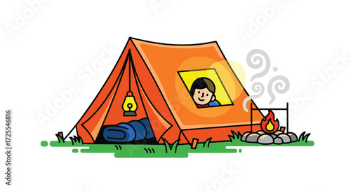 Whimsical camping scene: a delightful cartoon illustration of outdoor adventures and cheerful campfire tales under a starry sky