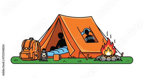 Cartoon illustration of a camping scene with a tent, backpack, lantern, campfire, and camper enjoying nature's tranquility