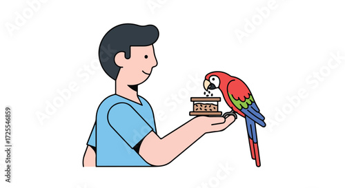 Man offering seeds to a vibrant parrot with colorful feathers, illustrating a moment of connection and animal care, conveying interaction