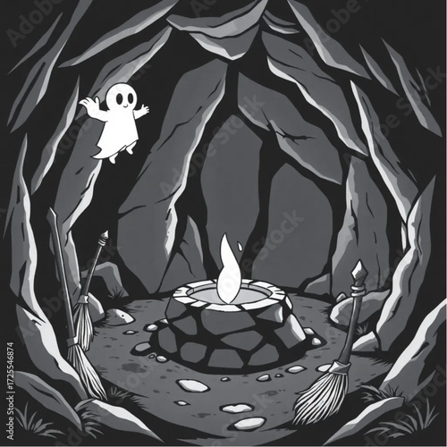 A spectral child floating near the old well in a mysterious cave surrounded by enchanted broomstick.