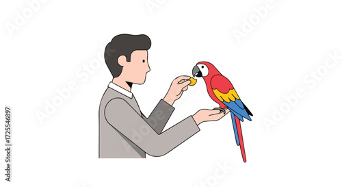 Man offering a treat to a vibrant macaw parrot in a simple illustrated style representing animal care and interactions between humans and exotic birds
