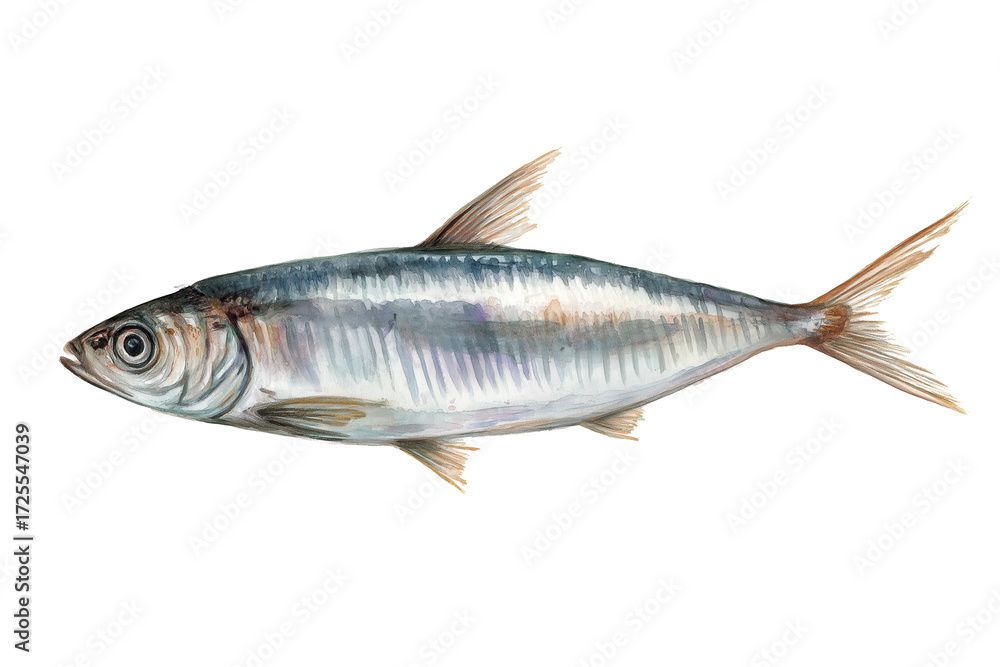 Fototapeta premium Small Herring Fish Hand drawn watercolor isolated food illustration