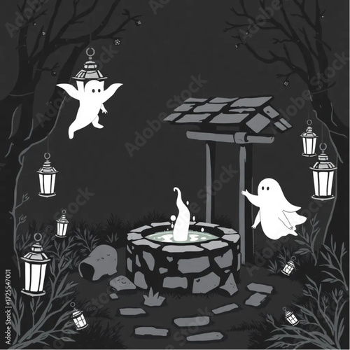 A spectral child floating near the old well in a dark enchanted garden surrounded by rusty lanterns.