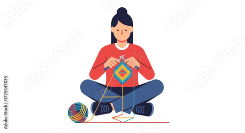 Woman crafting vibrant geometric design with knitting needles on the floor, creative hobby illustration