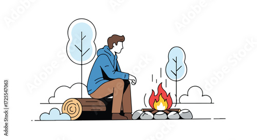 Minimalist illustration showcasing a person enjoying campfire warmth amidst nature's serenity for relaxation and escape featuring stylized trees