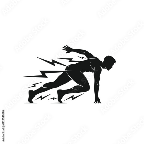 Dynamic silhouette of a sprinter launching from the starting position, embodying speed and athleticism with energy lines.