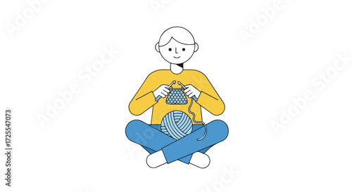Isolated illustration of a person peacefully knitting in a relaxed cross-legged seated position on a white background