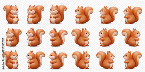 A collection of cute cartoon squirrels in various poses, featuring fluffy tails and playful expressions on a transparent background.