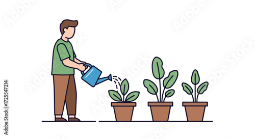 Man nurturing plant growth illustration depicting gardening and care towards nature through watering potted plants for environmental awareness