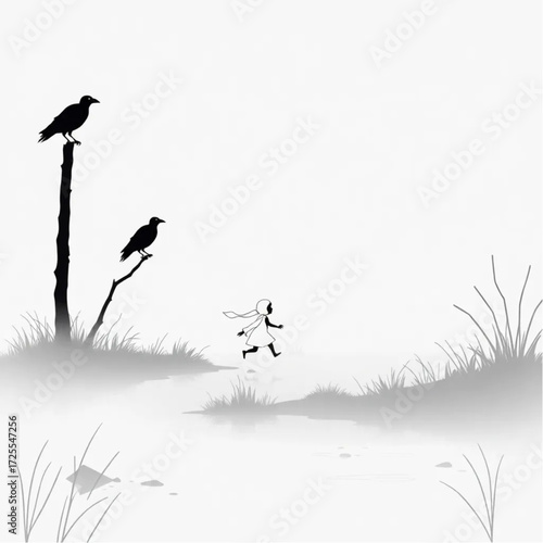 A spectral child chasing through the mist in a foggy riverbank surrounded by raven perched on a cross.