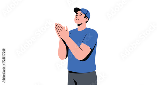 Enthusiastic man in casual attire applauding with a cheerful expression showing appreciation and praise with simple flat vector design showcasing