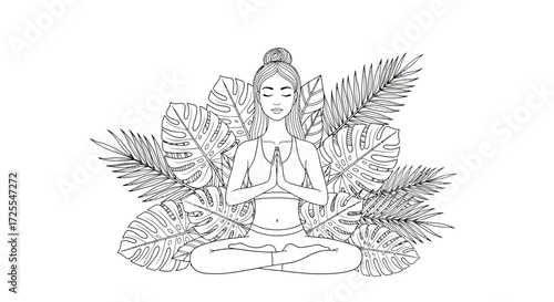 Zenith Yoga Illustration with Tropical Leaves for Wellness and Meditation Practice