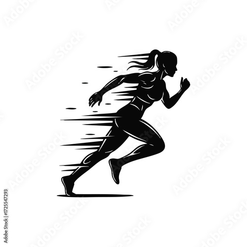 Dynamic silhouette of a female runner in motion, conveying speed and athleticism in a minimalist style.