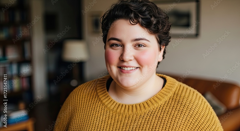 Fototapeta premium A smiling woman in a yellow sweater, standing in a cozy living room with a leather couch and bookshelves in the background.