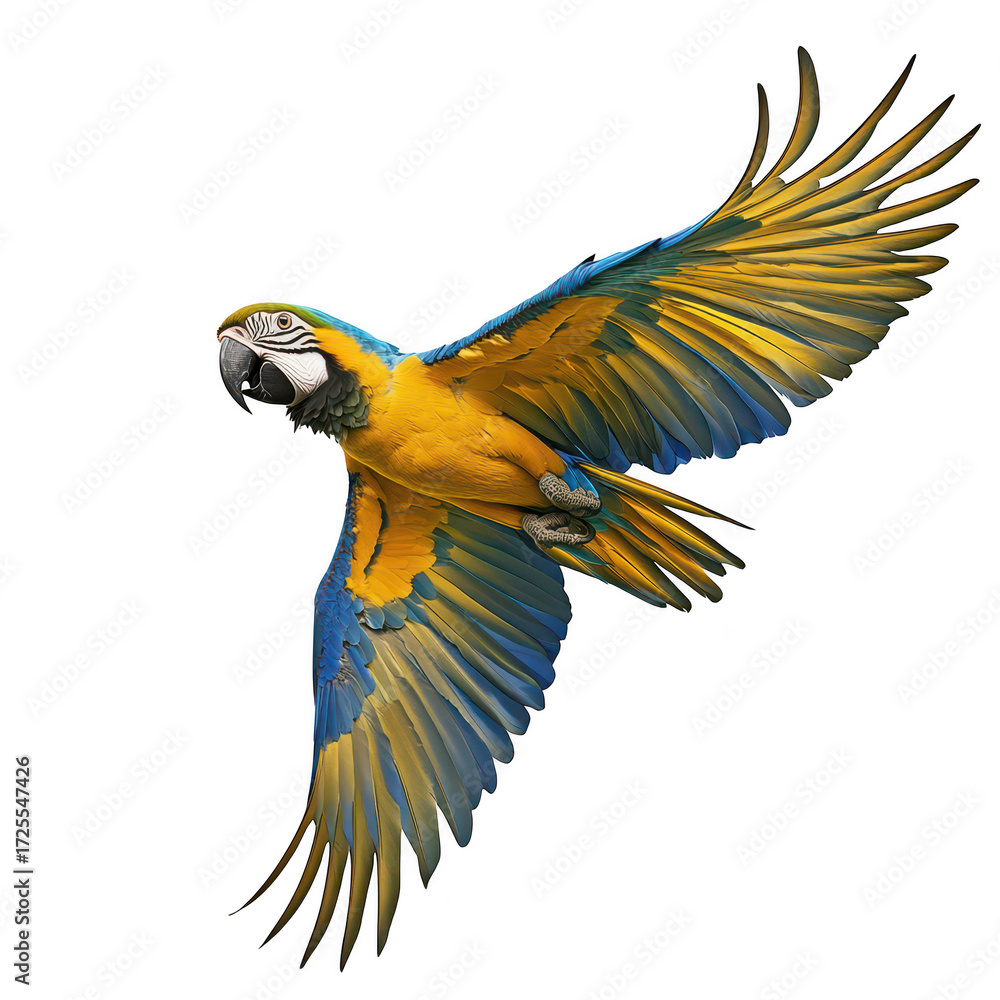 Fototapeta premium A blue and yellow macaw in mid-flight. its expansive wingspan against a clean white background. ideal for wildlife photography and educational materials