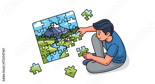 Young man assembling a landscape jigsaw puzzle, reflecting relaxation and mental stimulation in a leisure activity with a sense of achievement