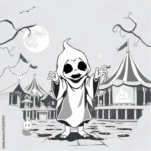 A spectral child chanting ancient spells in a haunted amusement park surrounded by blood-stained moon.