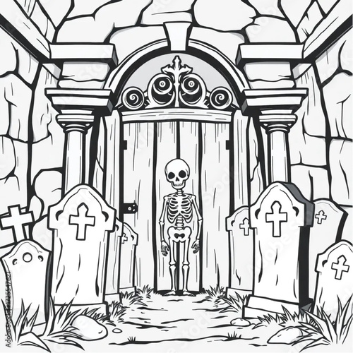 A skeleton watching from behind the tombstones in a decaying opera house surrounded by creaking wooden gate.