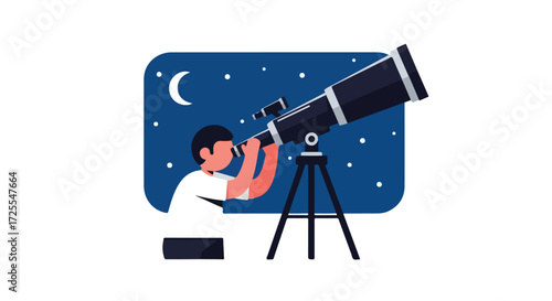 Illustration of a young astronomer gazing through a telescope at the cosmos, under a crescent moon and scattered stars in the deep night sky