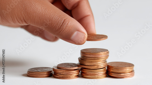 Hand placing a coin on a stack of copper pennies against white background. Symbol of financial growth, saving, and budgeting, economic education, business visual, soft focus