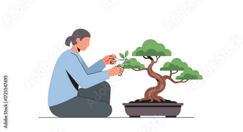 Woman cultivating bonsai with meticulous care, illustrating the art of horticultural precision and the serene interaction with nature and miniature