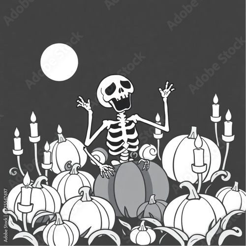 A skeleton screaming silently in a pumpkin patch surrounded by floating candles.