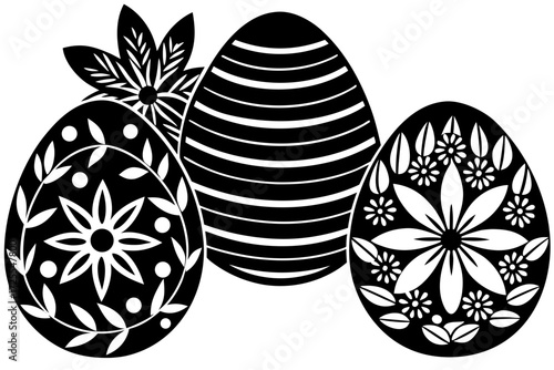 Vector art of monochrome illustration of decorated easter eggs with floral designs