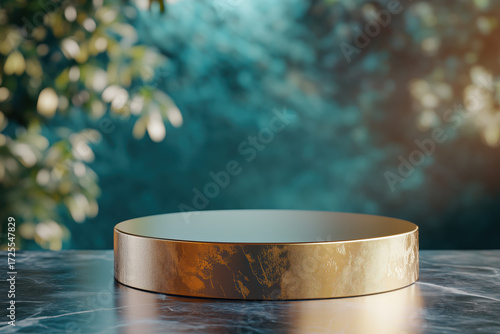 Round gold pedestal on marble surface with natural gradient background. Featuring reflective texture and ambient lighting, product display, luxury branding, editorial showcase.