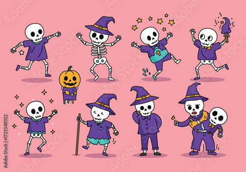 Vector art of skeletons in festive attire play instruments and dance with joy, creating a lively Halloween scene against a clean background the skeletons wear hats and scarves