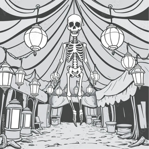 A skeleton hovering above the ground in a abandoned carnival surrounded by rusty lanterns.